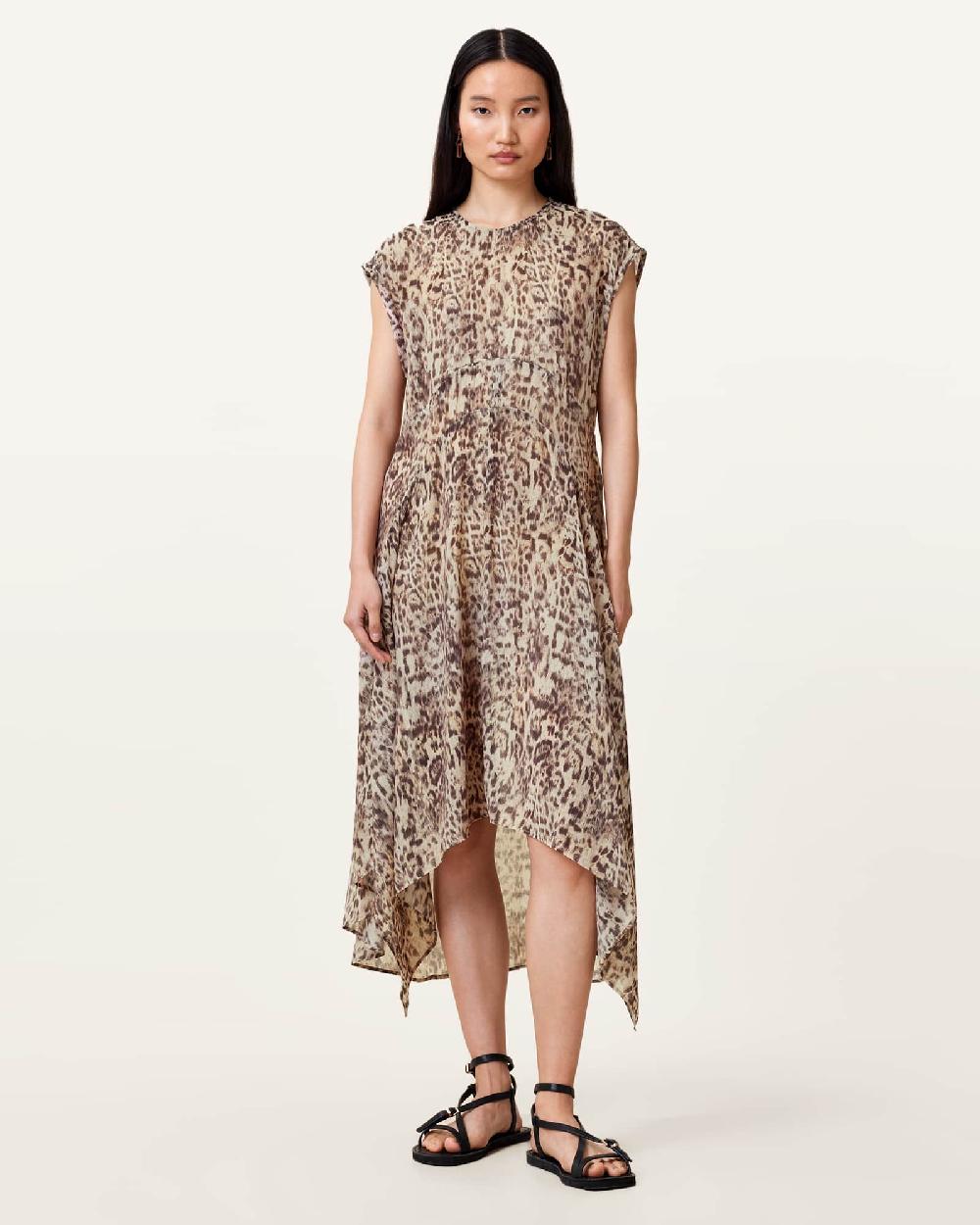 All Saints Arwen Leopard Print Dress Evia Sand White