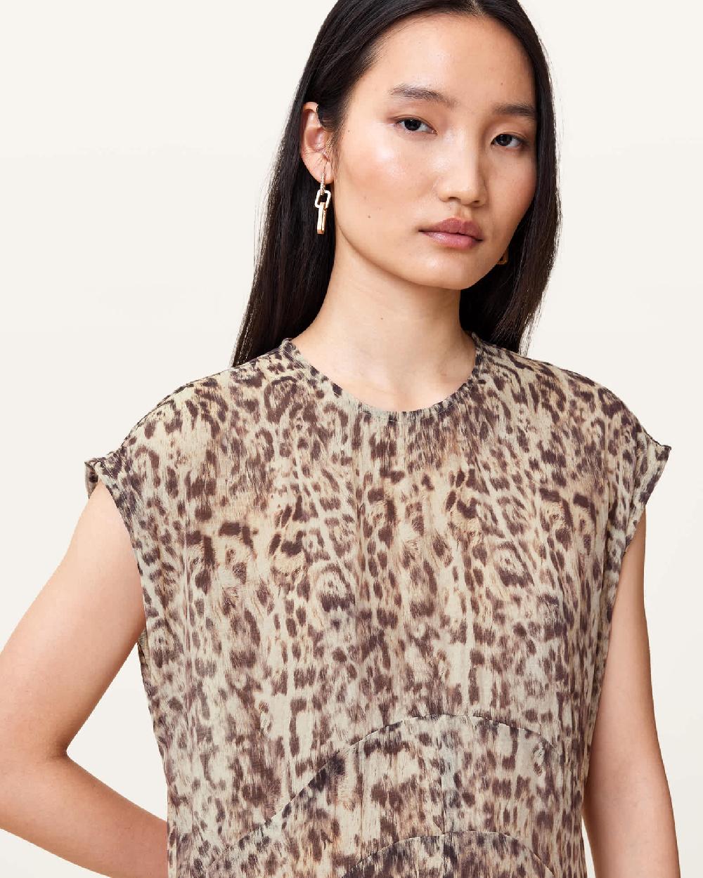 All Saints Arwen Leopard Print Dress Evia Sand White
