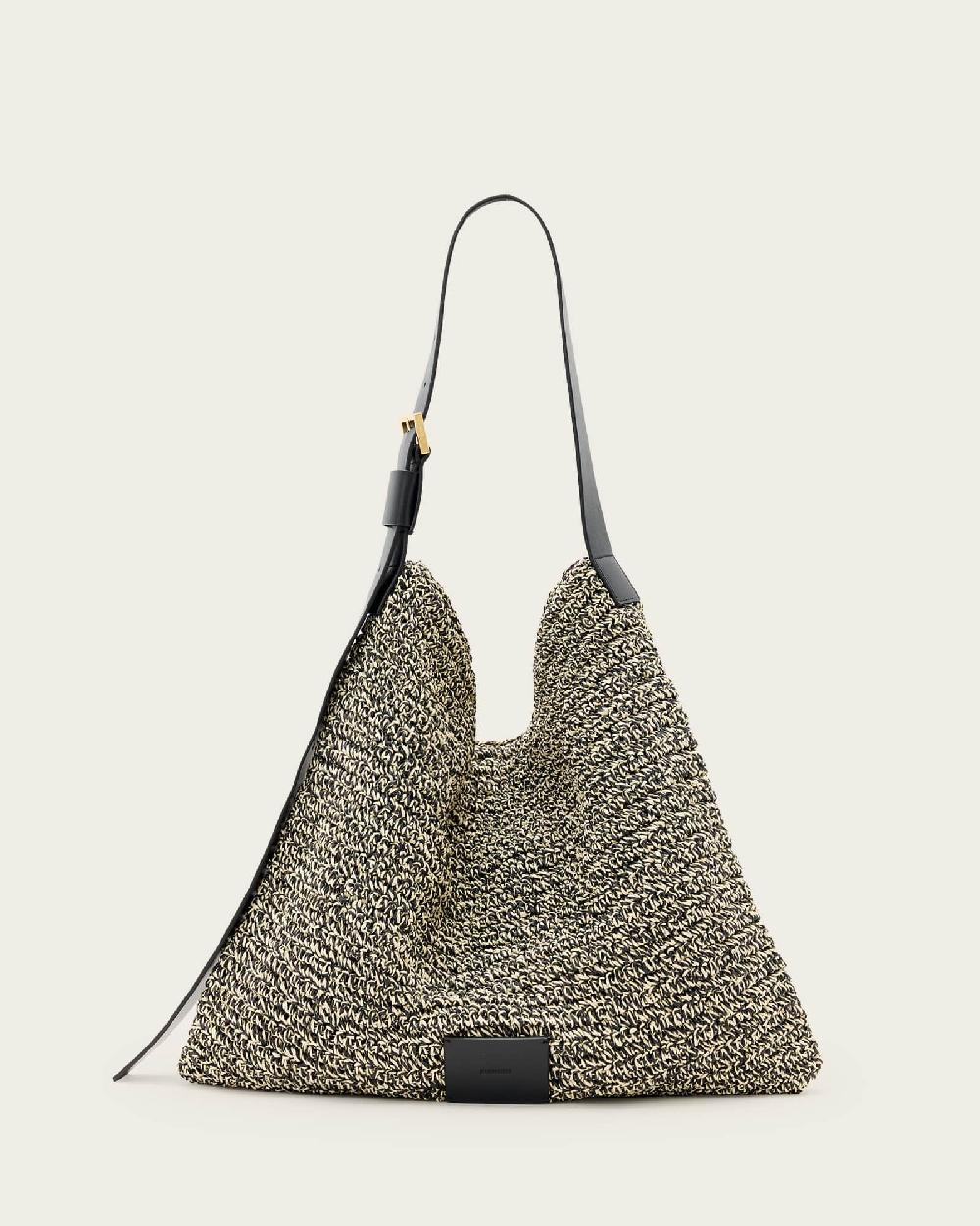 All Saints Asha Woven Straw Hobo Shoulder Bag Black/Natural