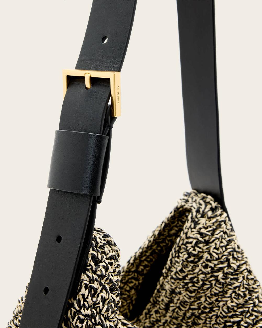 All Saints Asha Woven Straw Hobo Shoulder Bag Black/Natural