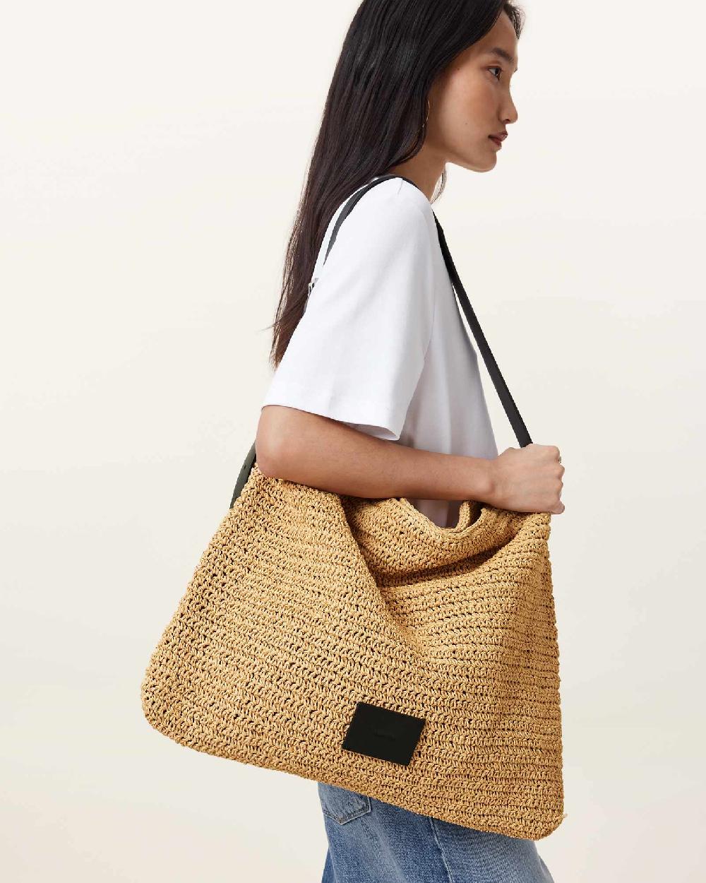 All Saints Asha Woven Straw Hobo Shoulder Bag Natural