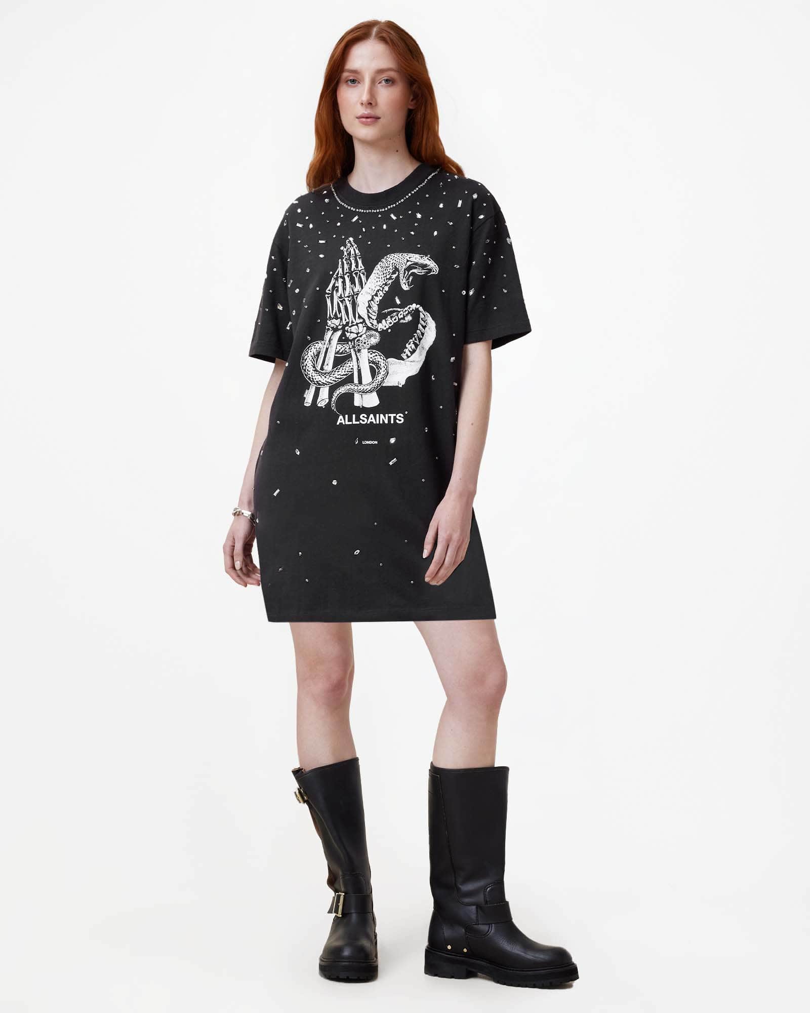 All Saints Asp Embellished Slouchy Mini T-Shirt Dress Washed Black
