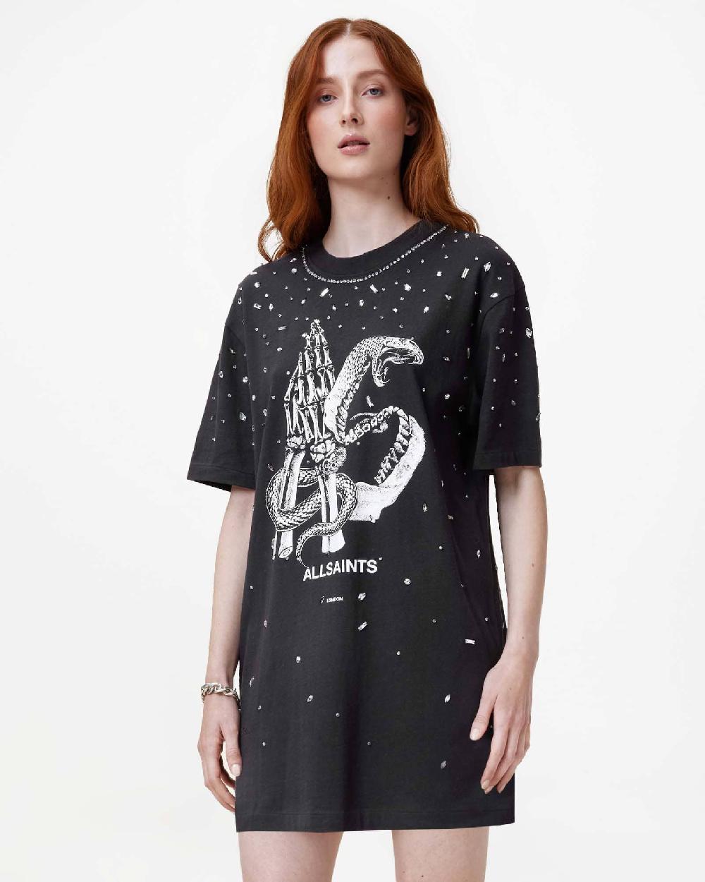 All Saints Asp Embellished Slouchy Mini T-Shirt Dress Washed Black