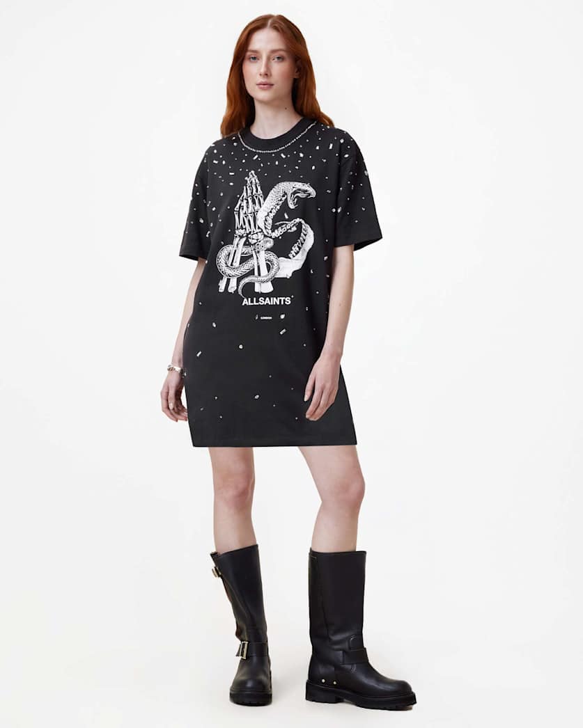all saints Asp Embellished Slouchy Mini T-Shirt Dress Washed Black