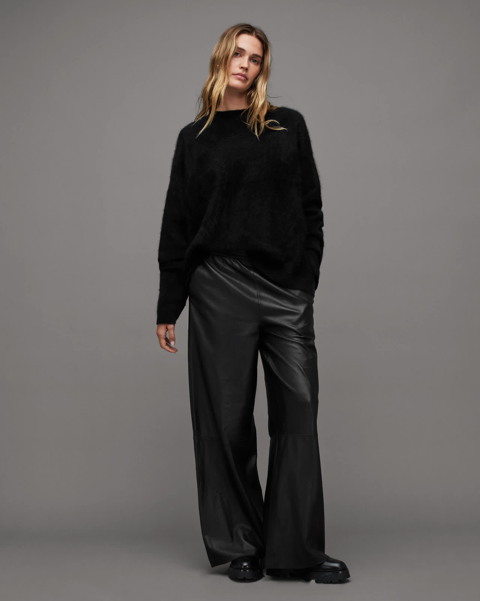 All Saints Aspen High-Rise Relaxed Fit Leather Pants Black