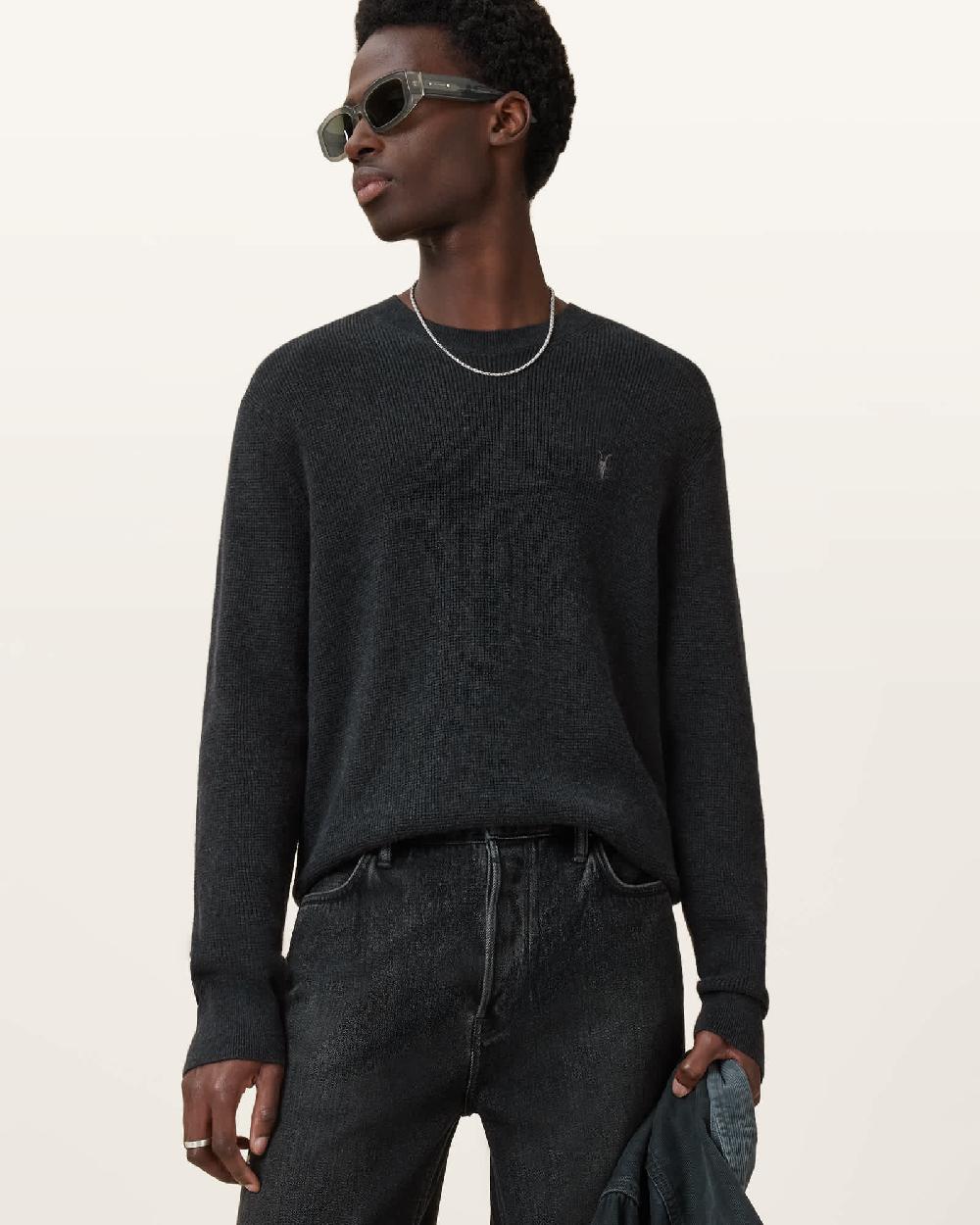 All Saints Aspen Waffle Texture Crew Neck Ramskull Sweater Cinder Black