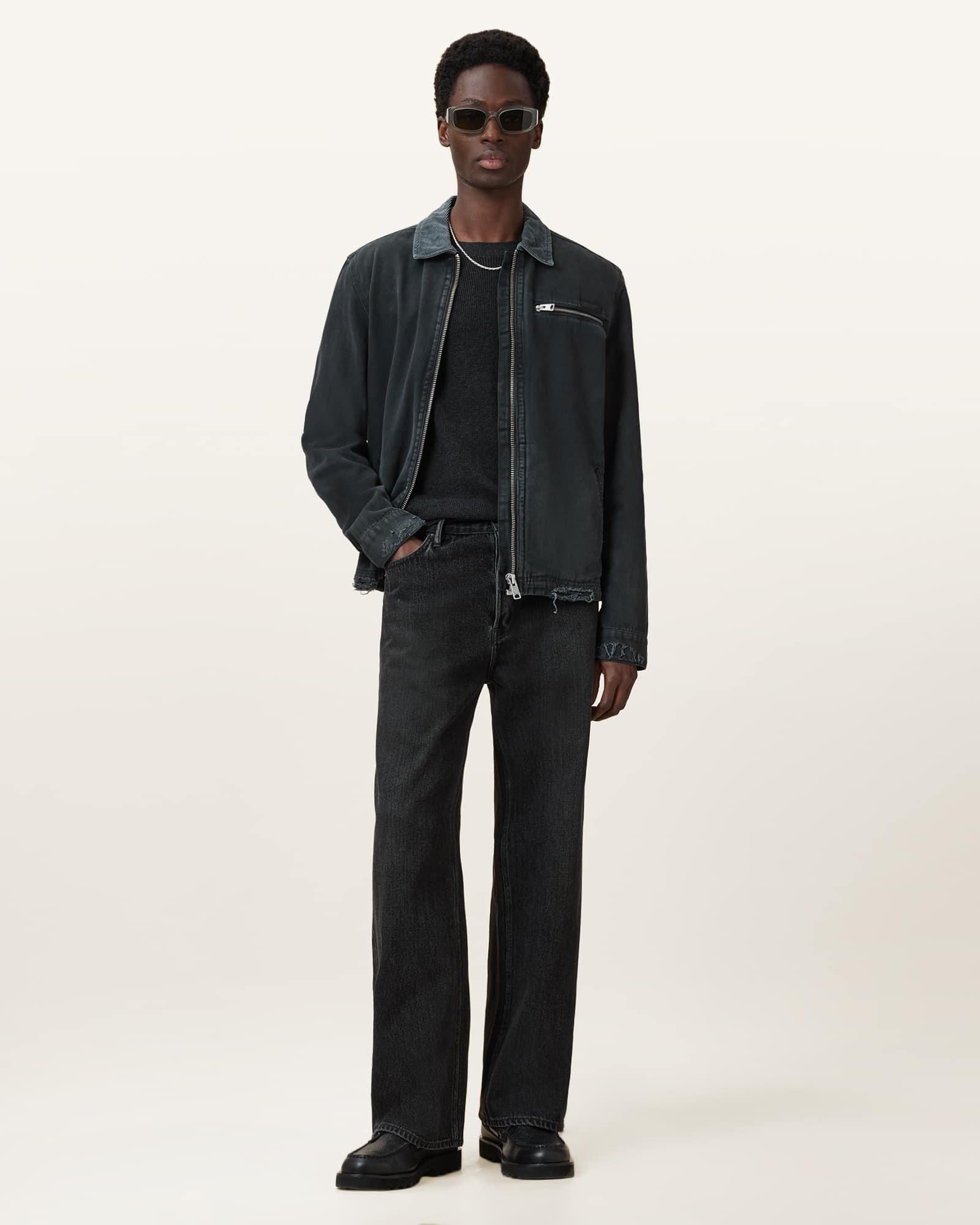 All Saints Aspen Waffle Texture Crew Neck Ramskull Sweater Cinder Black