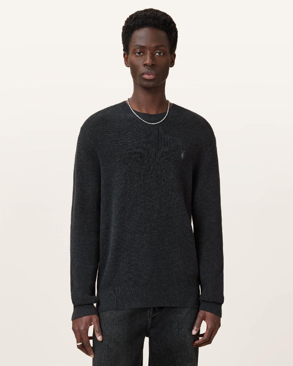 All Saints Aspen Waffle Texture Crew Neck Ramskull Sweater Cinder Black