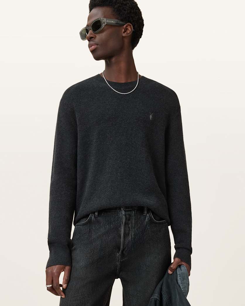 all saints Aspen Waffle Texture Crew Neck Ramskull Sweater Cinder Black