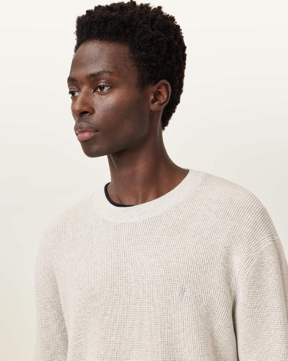 All Saints Aspen Waffle Texture Crew Neck Ramskull Sweater Cloudy Grey