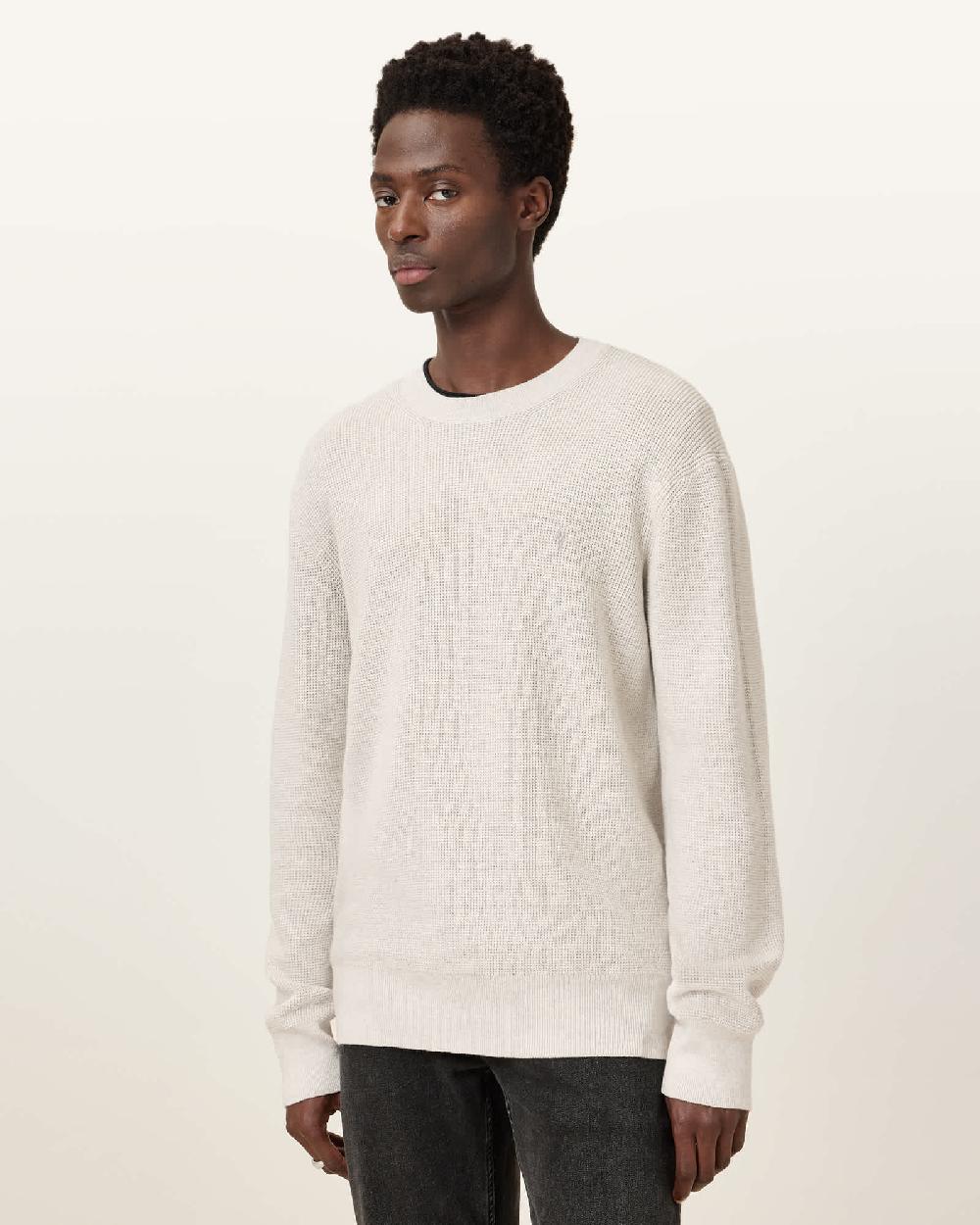 All Saints Aspen Waffle Texture Crew Neck Ramskull Sweater Cloudy Grey