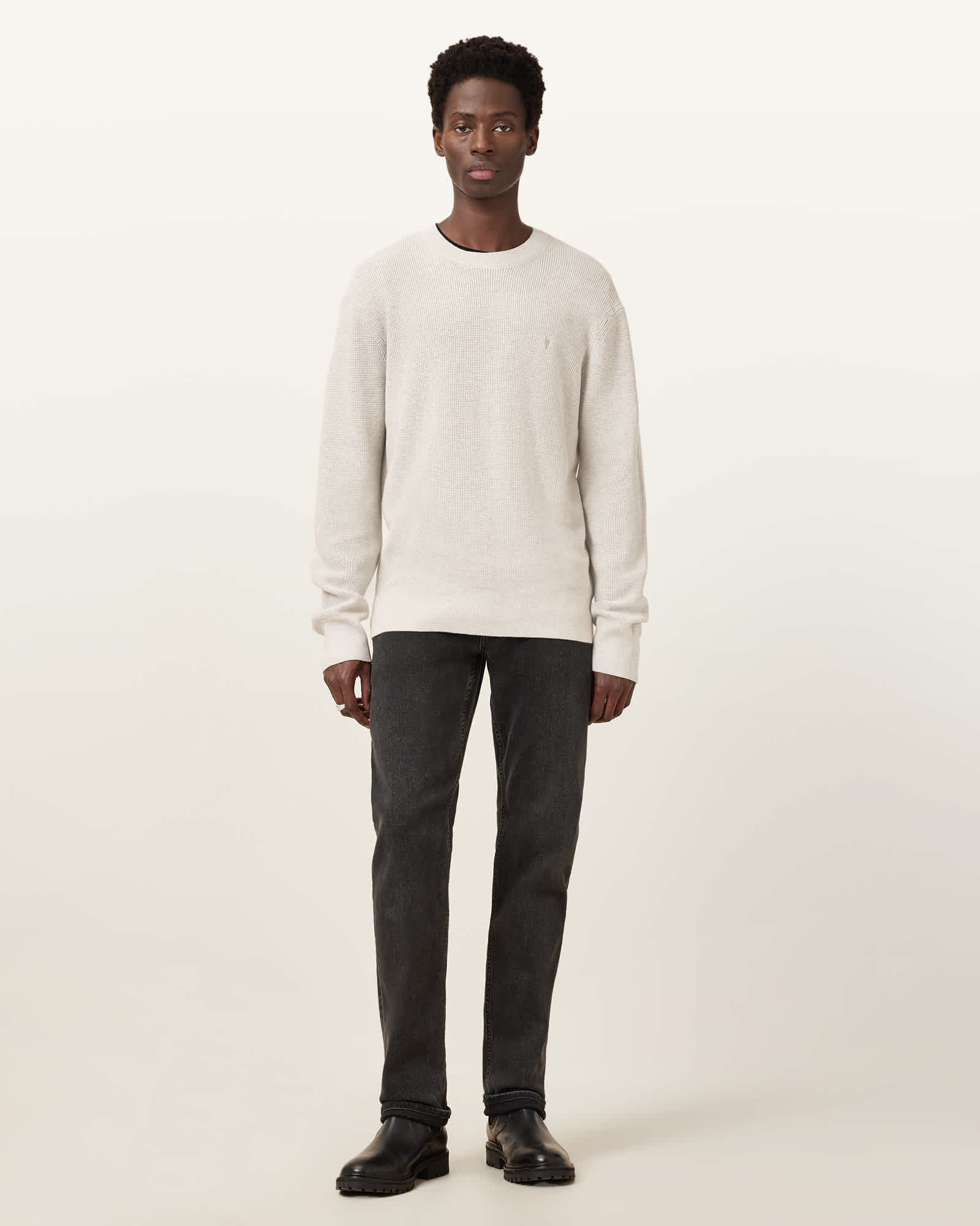 All Saints Aspen Waffle Texture Crew Neck Ramskull Sweater Cloudy Grey