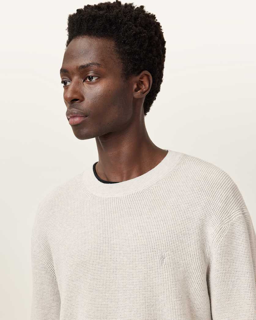all saints Aspen Waffle Texture Crew Neck Ramskull Sweater Cloudy Grey