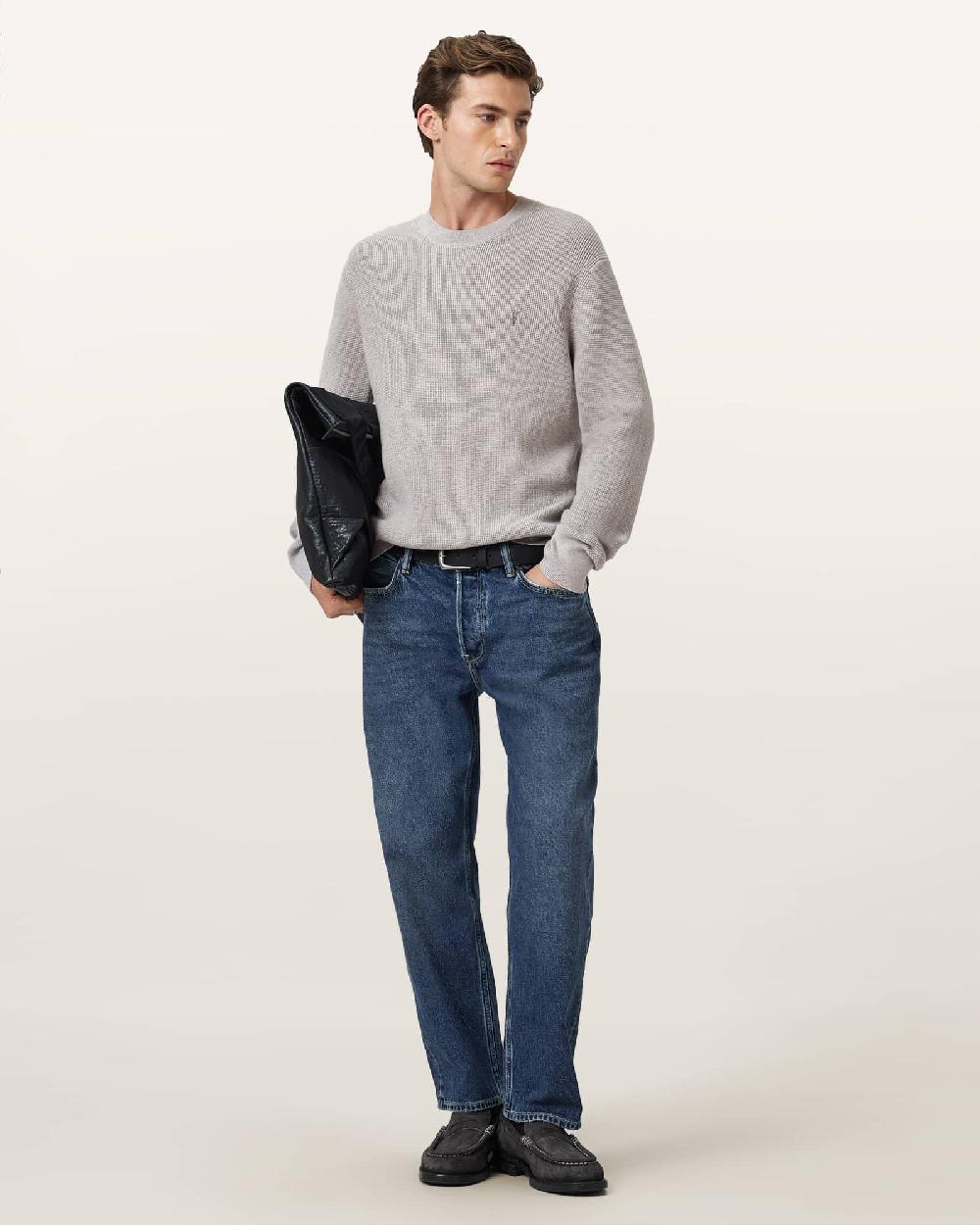 All Saints Aspen Waffle Texture Crew Neck Ramskull Sweater Cool Grey