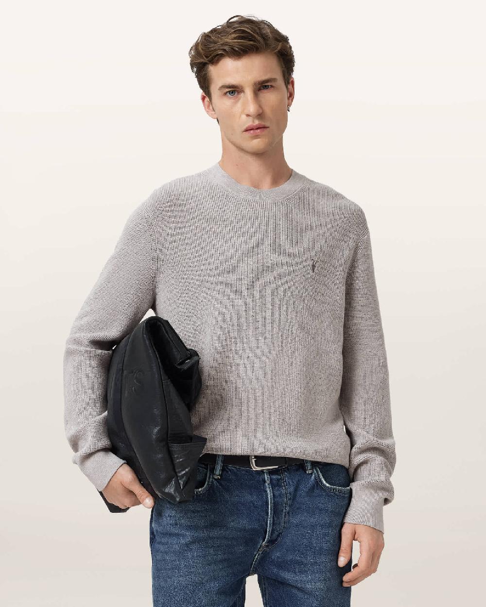 All Saints Aspen Waffle Texture Crew Neck Ramskull Sweater Cool Grey