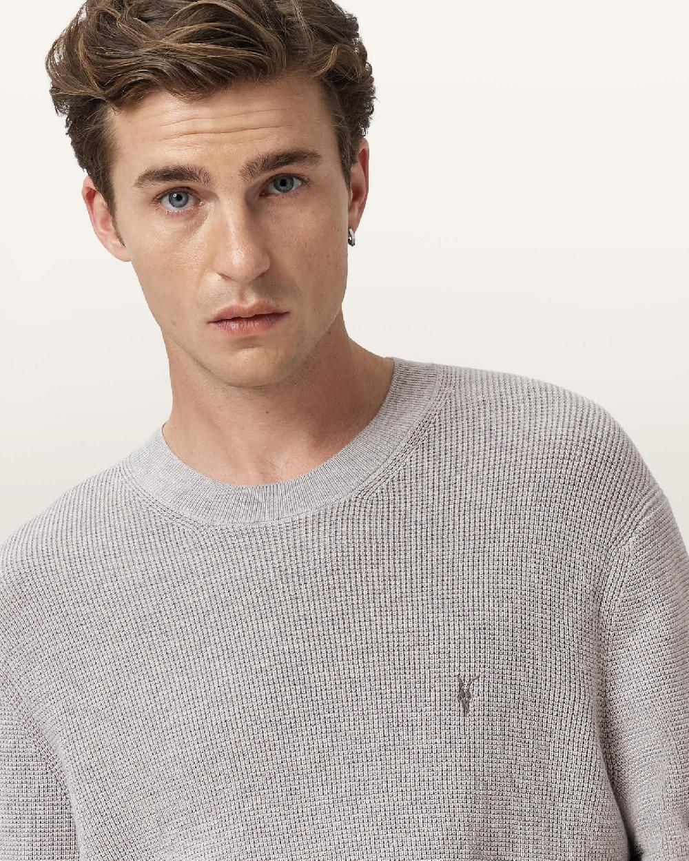 All Saints Aspen Waffle Texture Crew Neck Ramskull Sweater Cool Grey