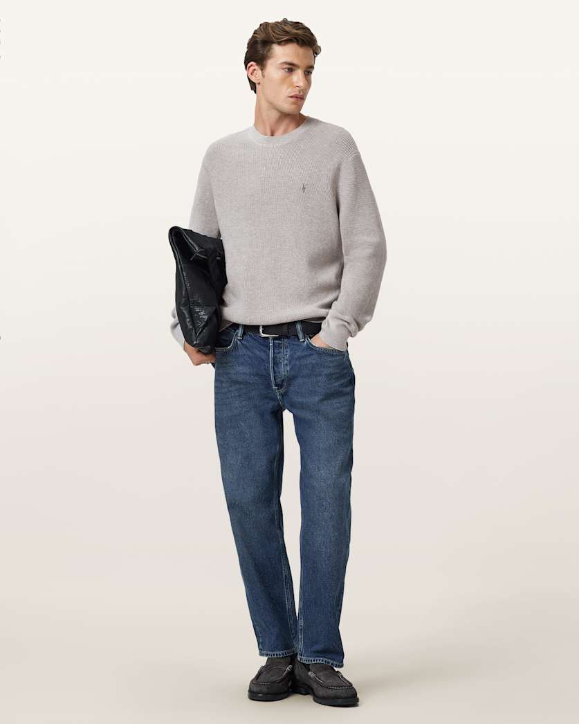 all saints Aspen Waffle Texture Crew Neck Ramskull Sweater Cool Grey