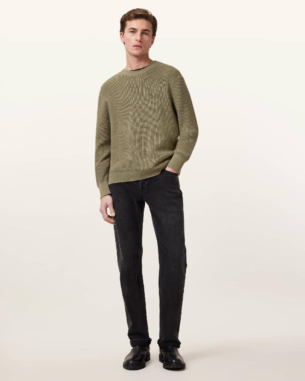All Saints Aspen Waffle Texture Crew Neck Ramskull Sweater LIGHT ASH GREEN