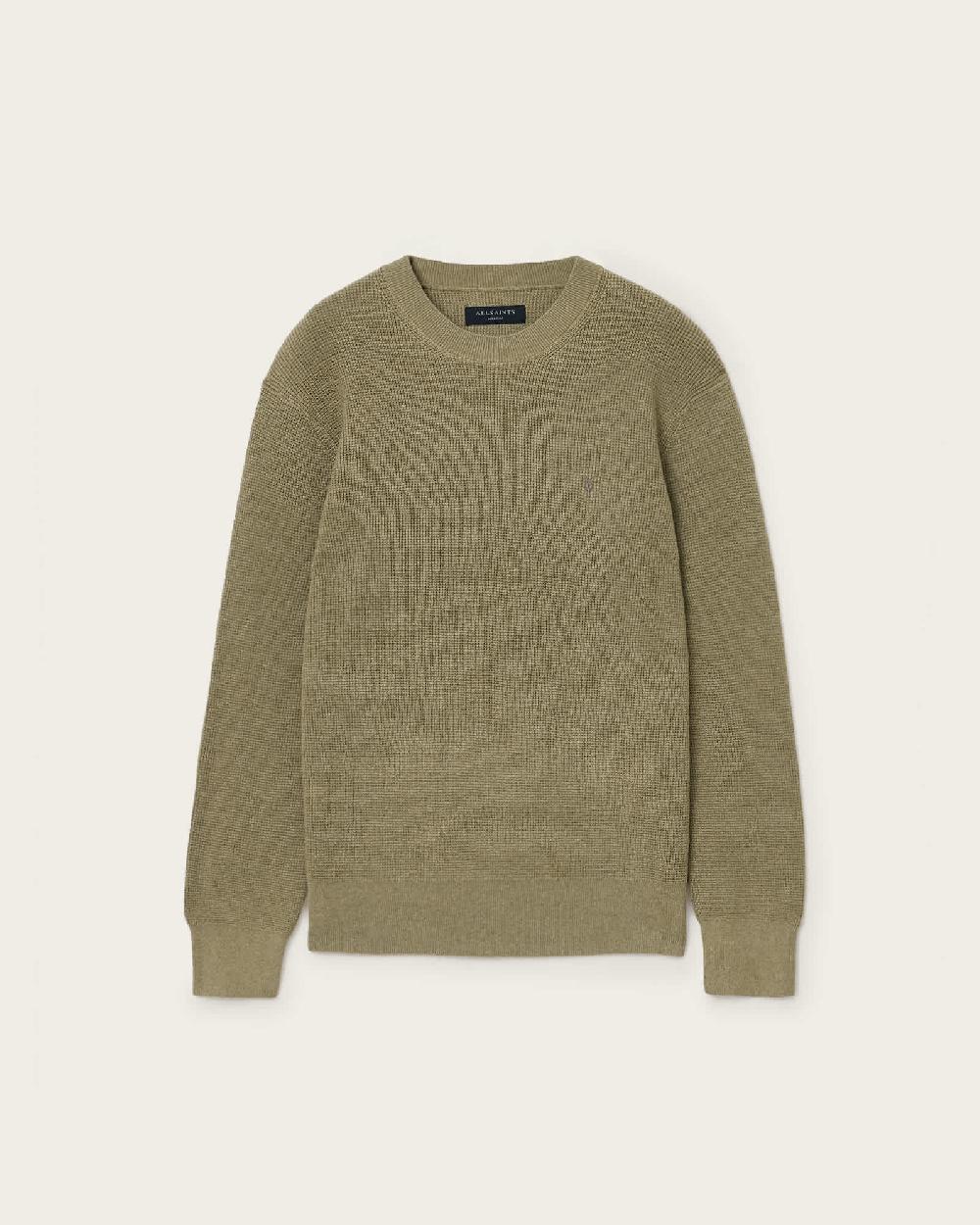 All Saints Aspen Waffle Texture Crew Neck Ramskull Sweater LIGHT ASH GREEN