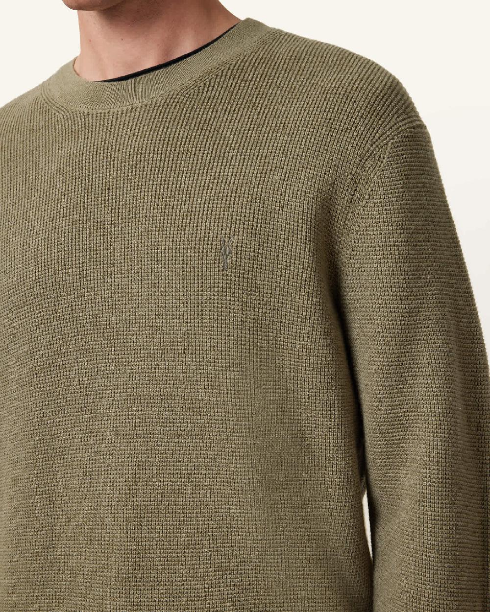 All Saints Aspen Waffle Texture Crew Neck Ramskull Sweater LIGHT ASH GREEN
