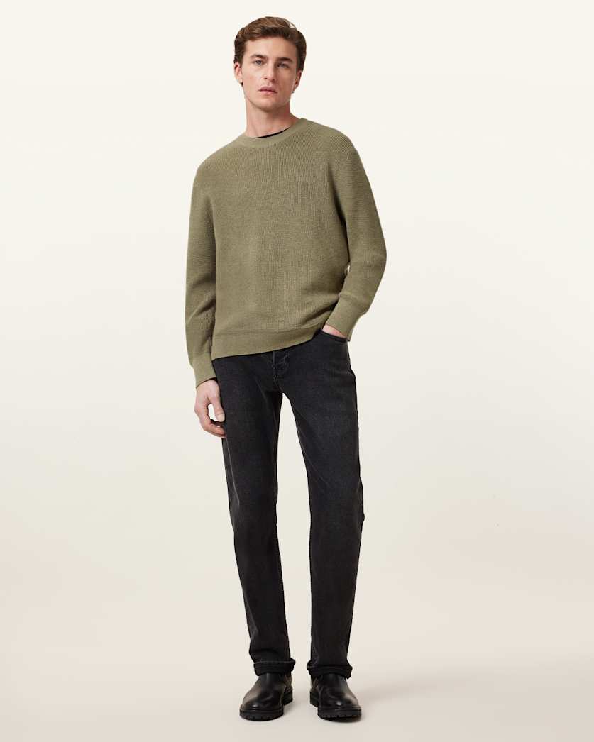 all saints Aspen Waffle Texture Crew Neck Ramskull Sweater LIGHT ASH GREEN