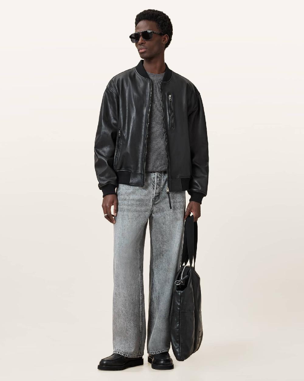 All Saints Aspen Waffle Texture Crew Neck Ramskull Sweater Monument Gray