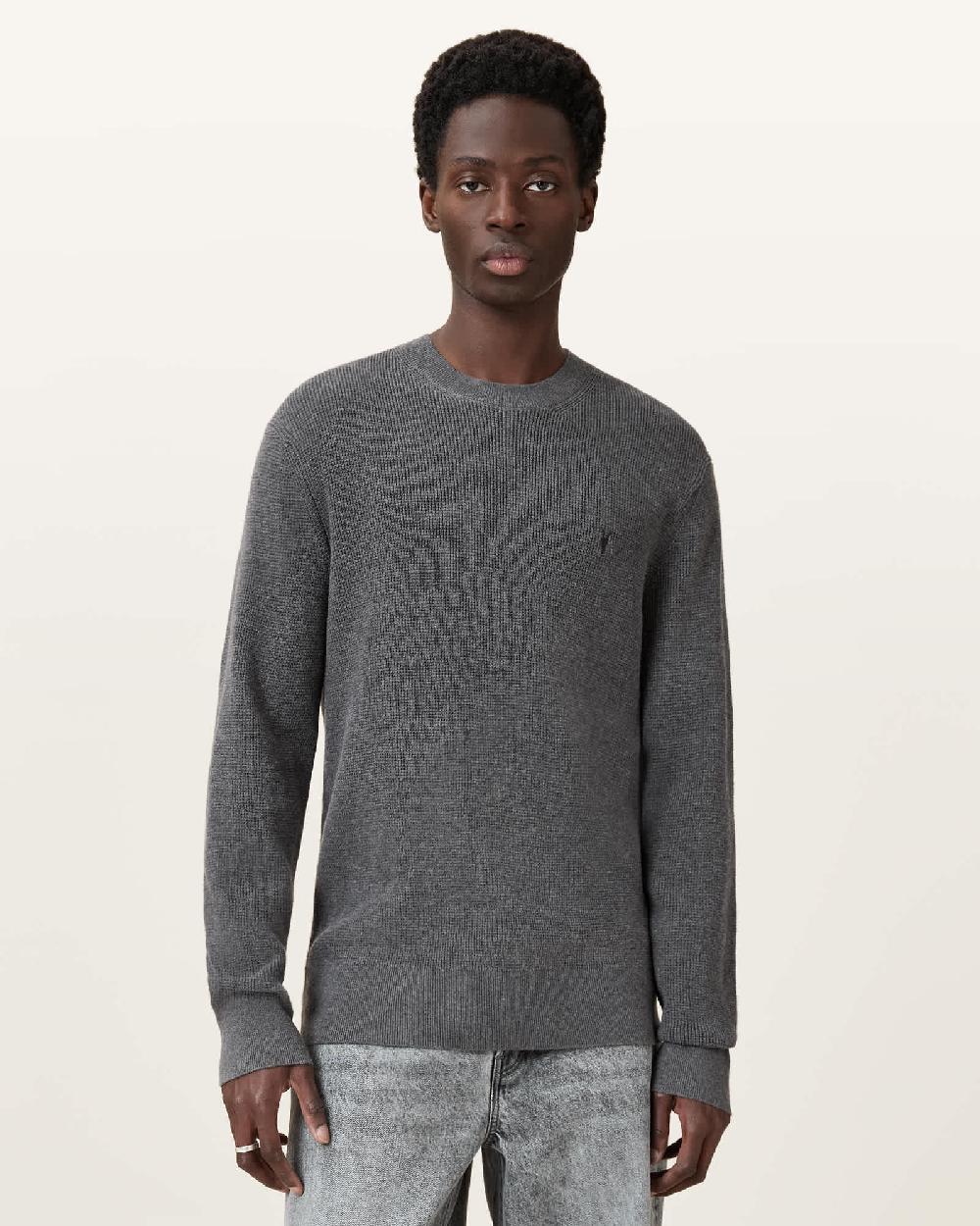 All Saints Aspen Waffle Texture Crew Neck Ramskull Sweater Monument Gray