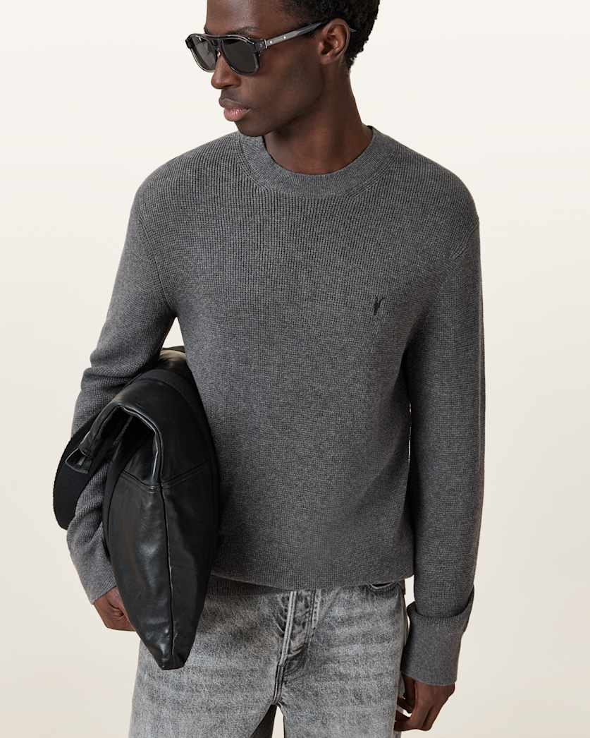 all saints Aspen Waffle Texture Crew Neck Ramskull Sweater Monument Gray