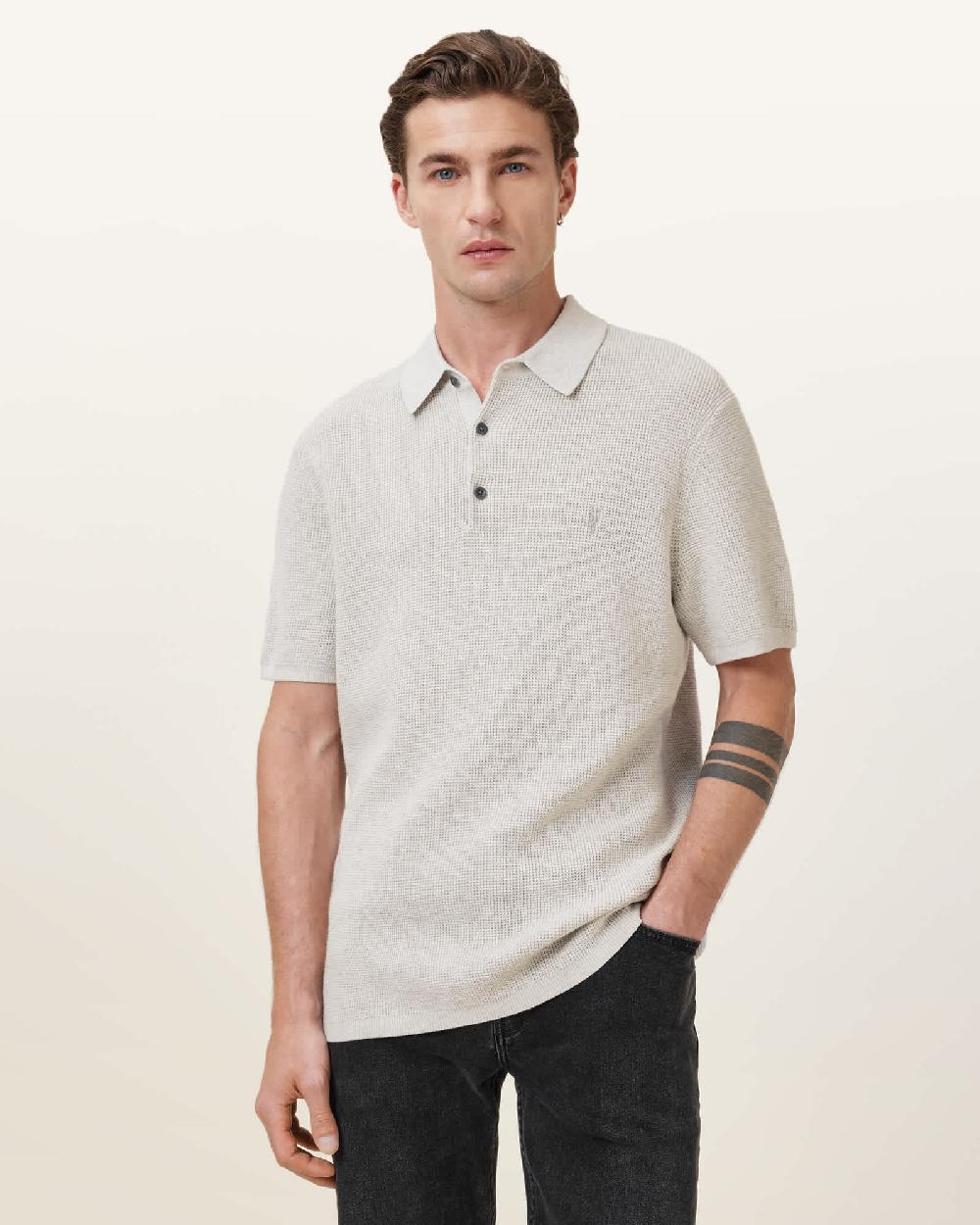 All Saints Aspen Waffle Texture Ramskull Polo Shirt Cloudy Grey