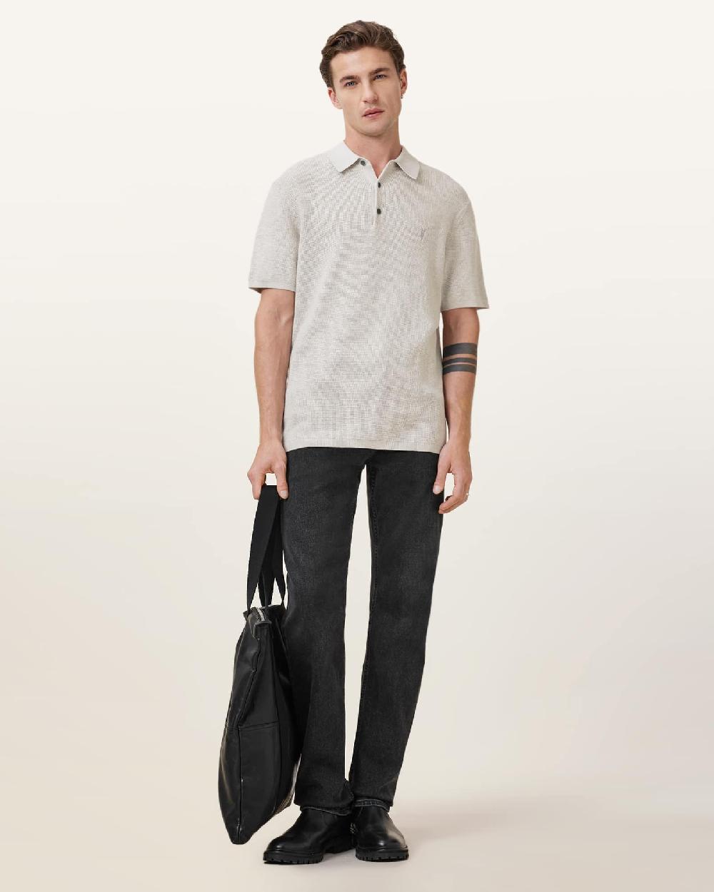 All Saints Aspen Waffle Texture Ramskull Polo Shirt Cloudy Grey