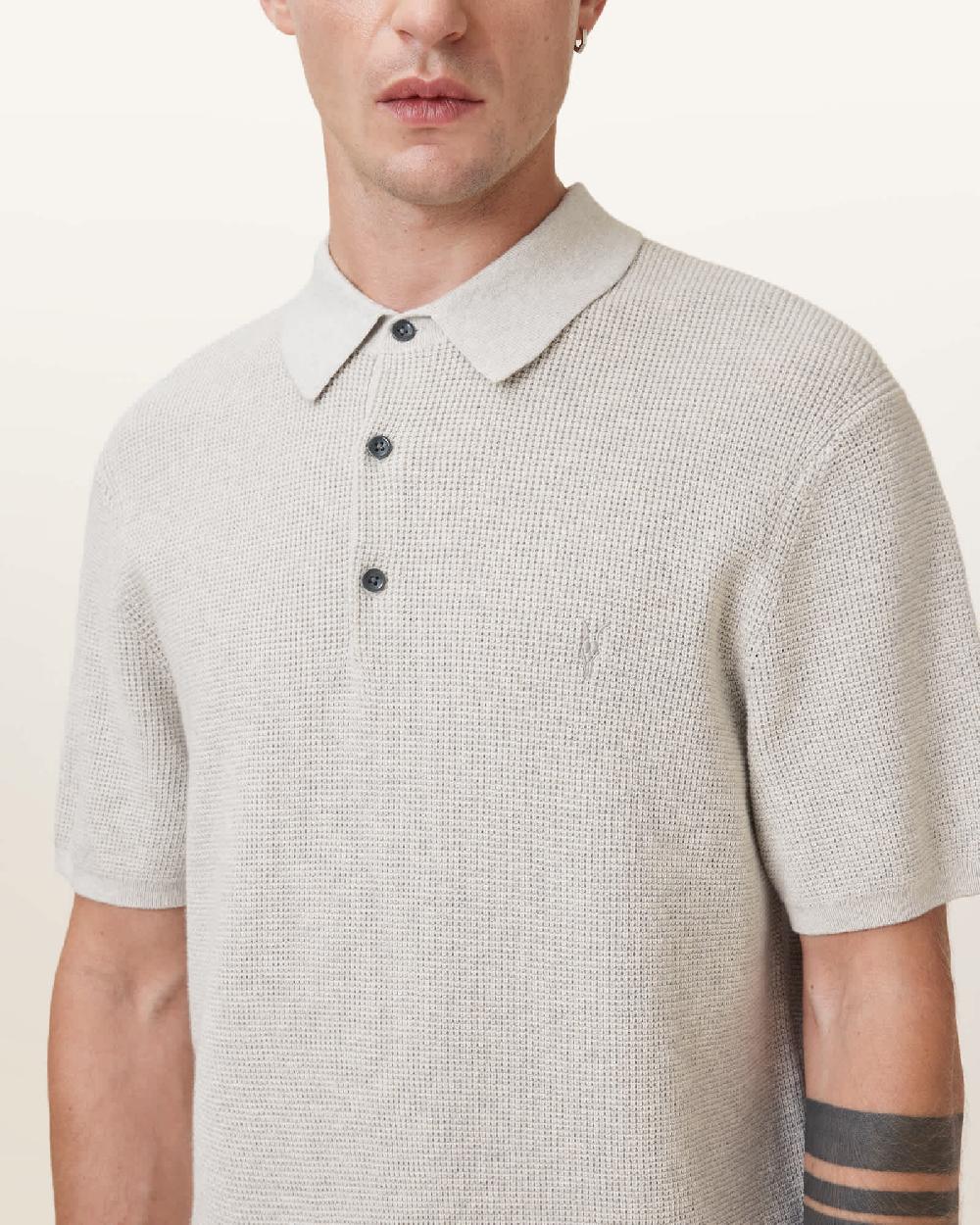 All Saints Aspen Waffle Texture Ramskull Polo Shirt Cloudy Grey