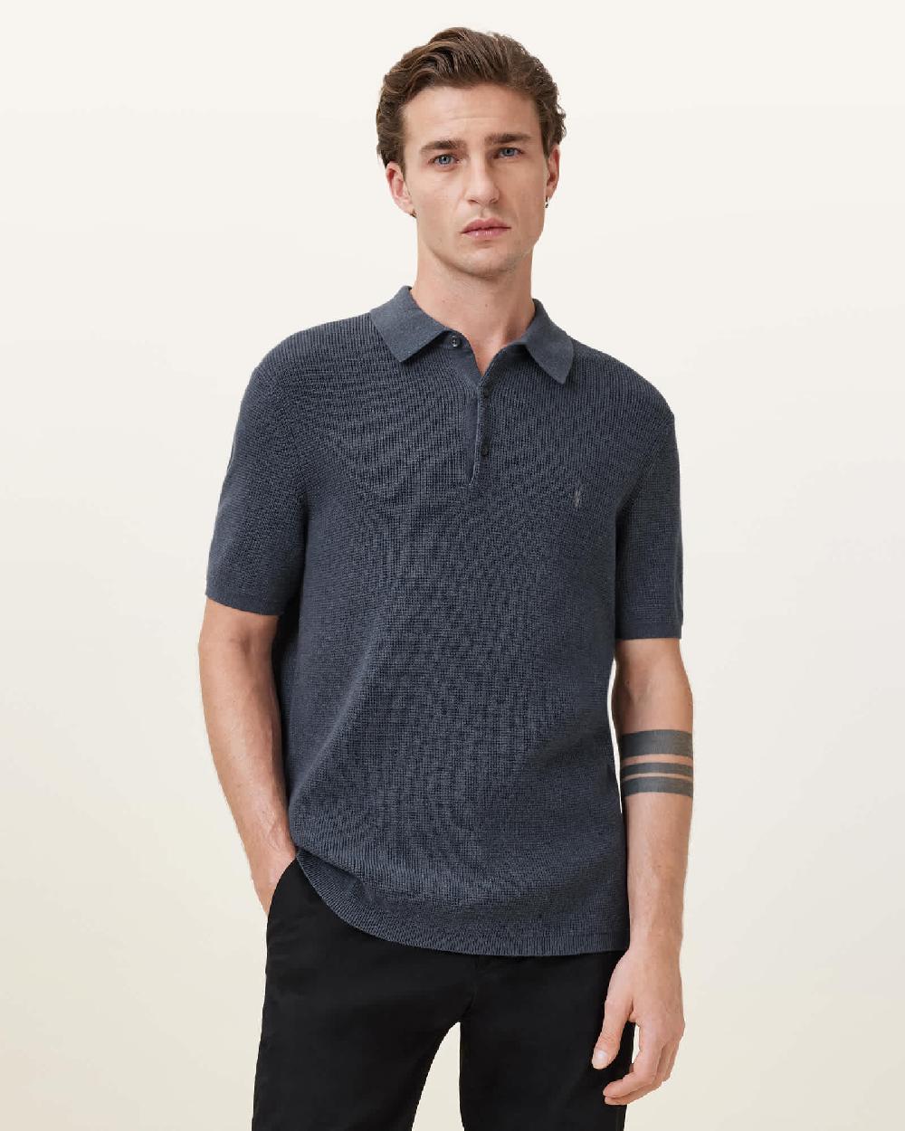 All Saints Aspen Waffle Texture Ramskull Polo Shirt Odyssey Blue