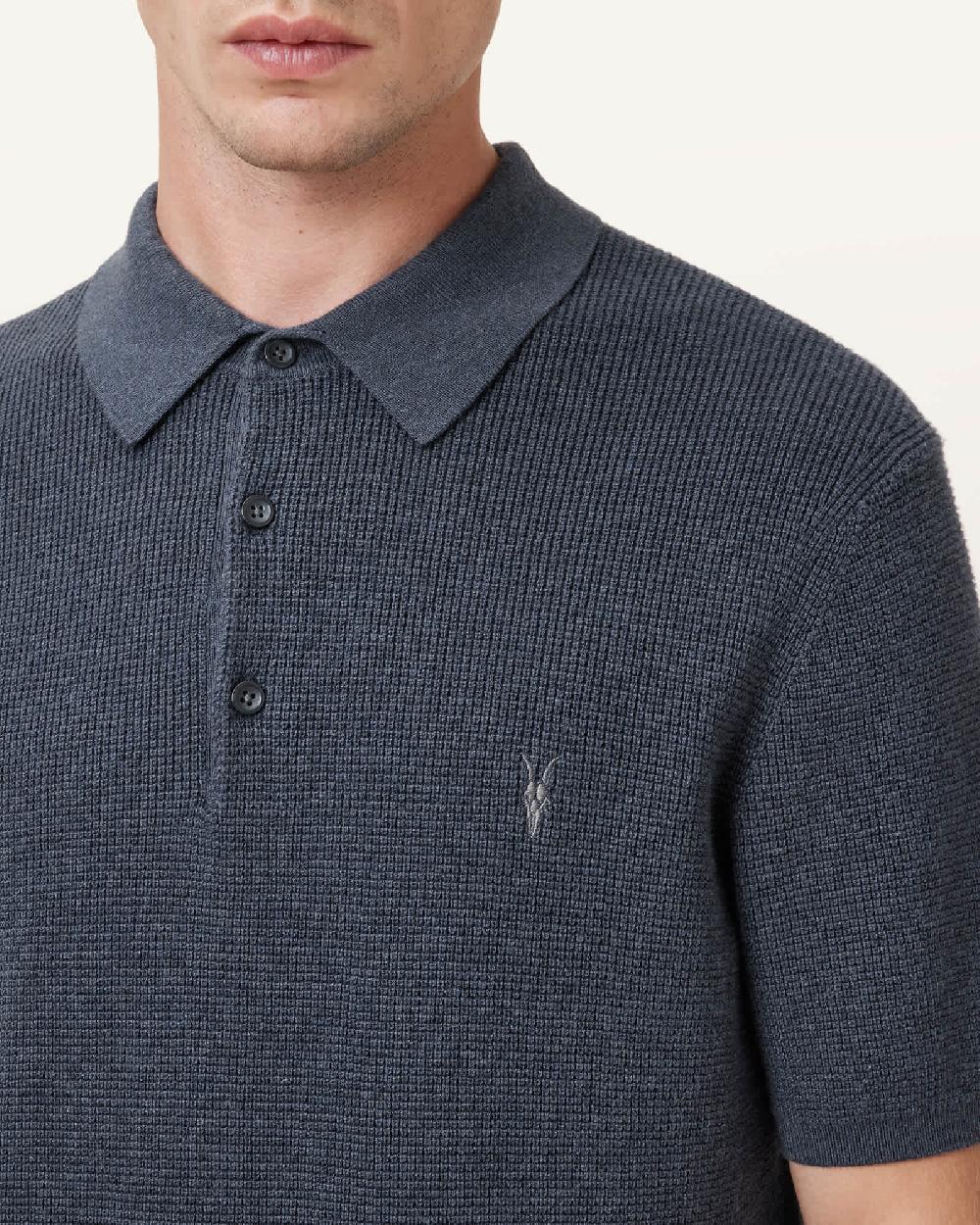 All Saints Aspen Waffle Texture Ramskull Polo Shirt Odyssey Blue