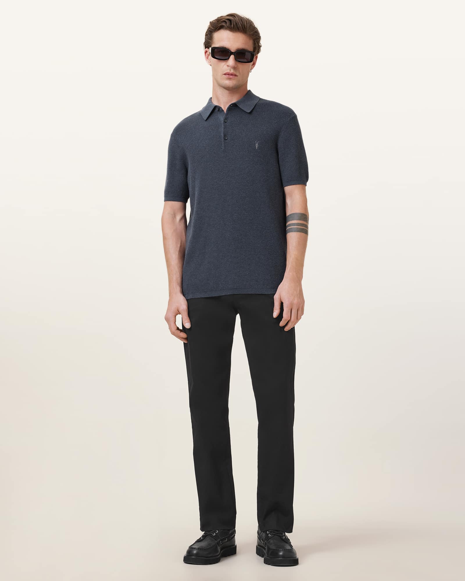 All Saints Aspen Waffle Texture Ramskull Polo Shirt Odyssey Blue