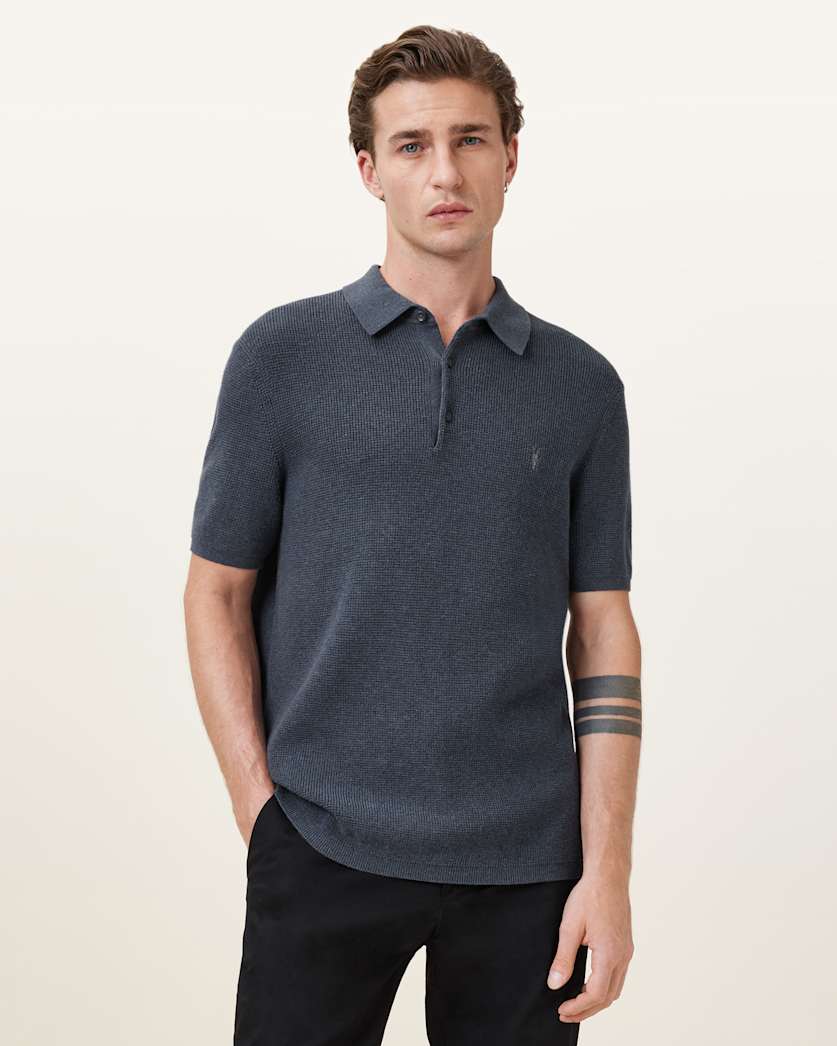 all saints Aspen Waffle Texture Ramskull Polo Shirt Odyssey Blue