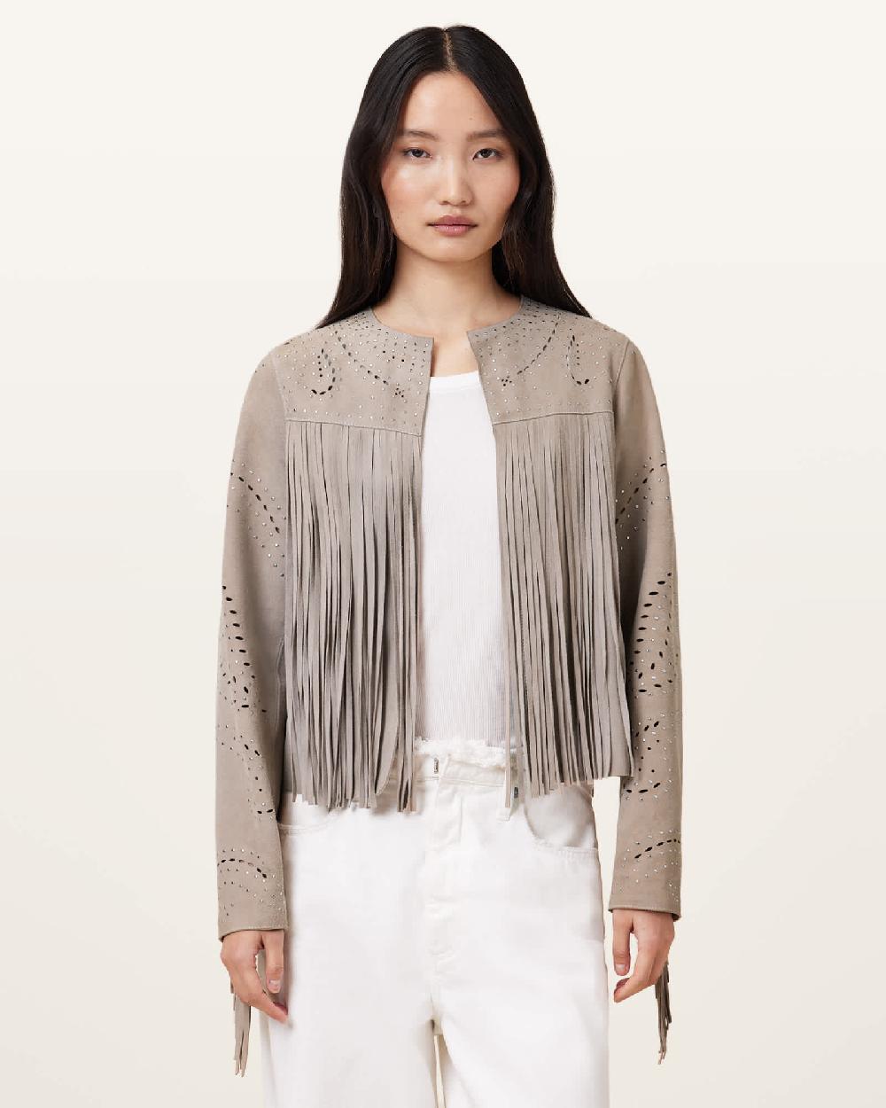 All Saints Asta Suede Tassel Jacket SILVER CLOUD GREY