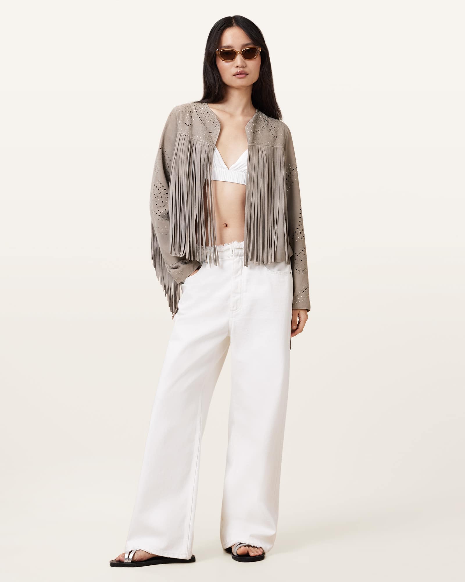 All Saints Asta Suede Tassel Jacket SILVER CLOUD GREY