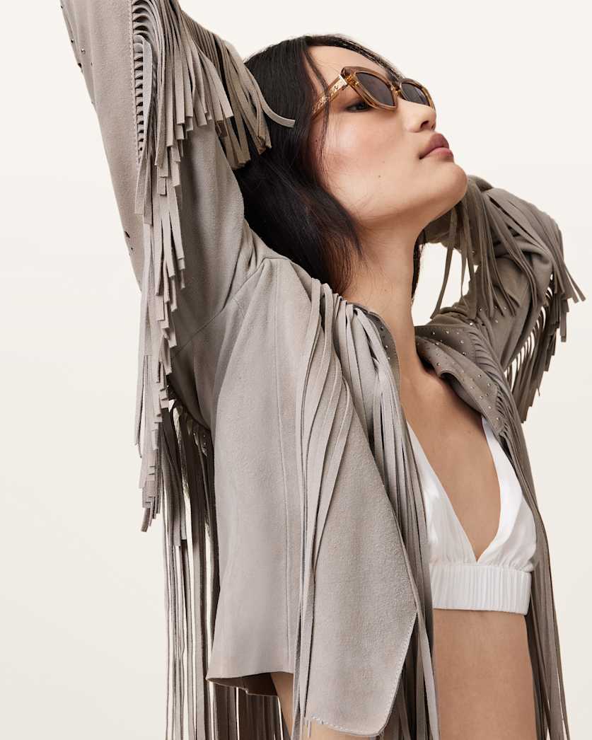 all saints Asta Suede Tassel Jacket SILVER CLOUD GREY