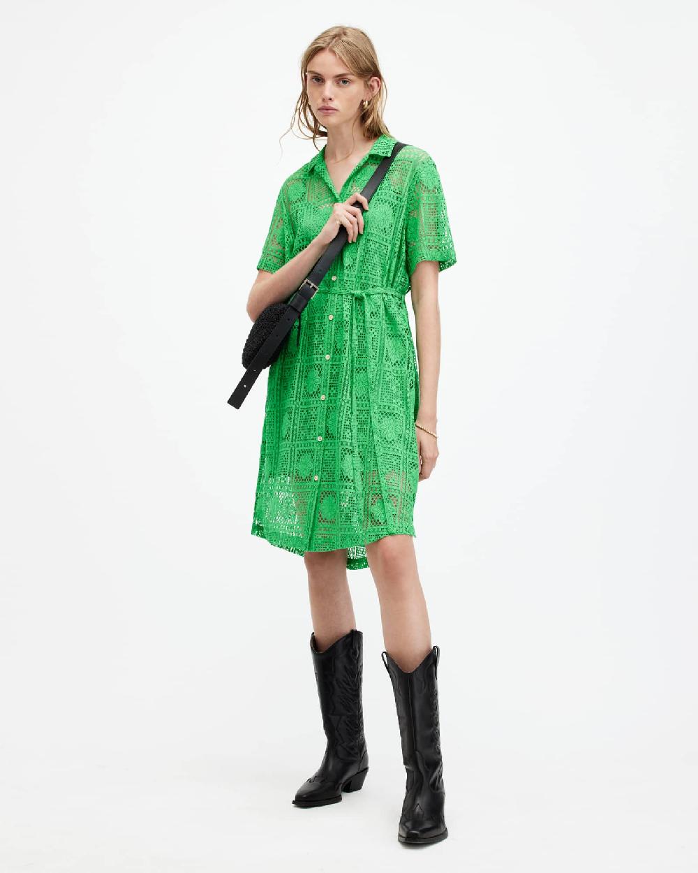 All Saints Athea Crochet Mini Shirt Dress Spectra Green