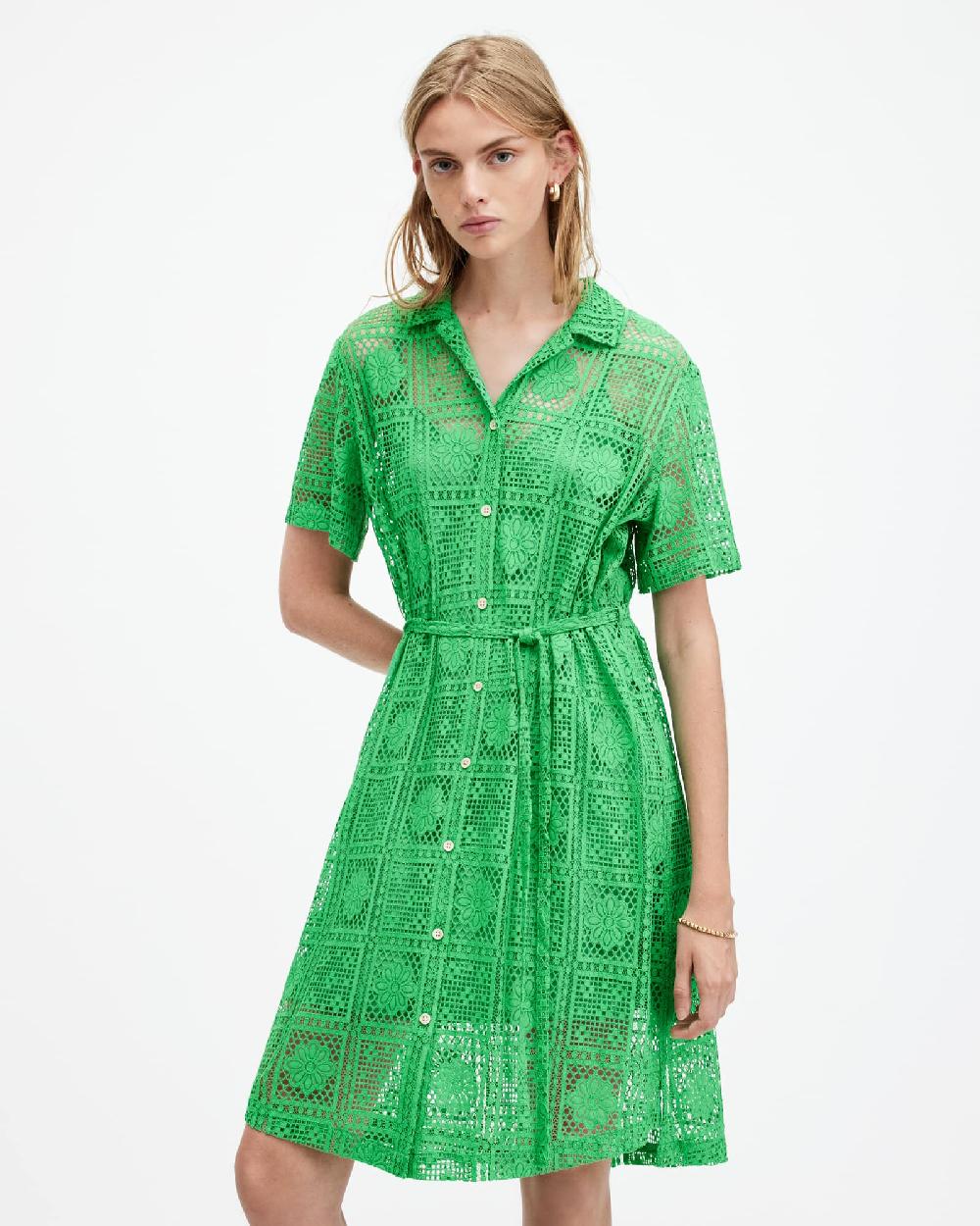 All Saints Athea Crochet Mini Shirt Dress Spectra Green