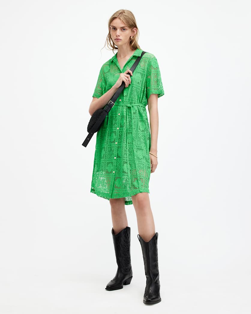all saints Athea Crochet Mini Shirt Dress Spectra Green