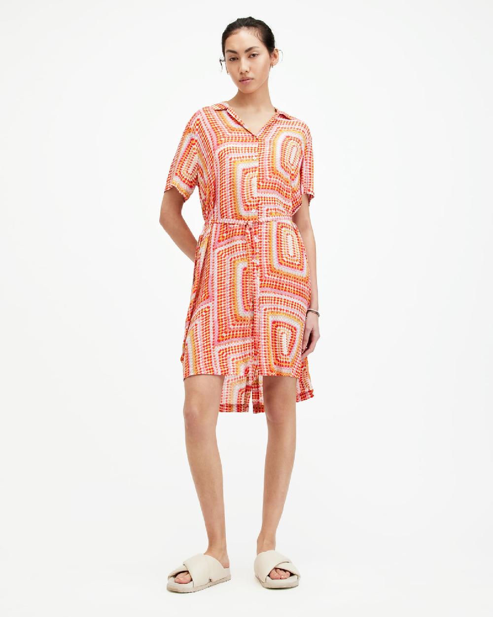 All Saints Athea Luisa Print Mini Shirt Dress Blood Orange