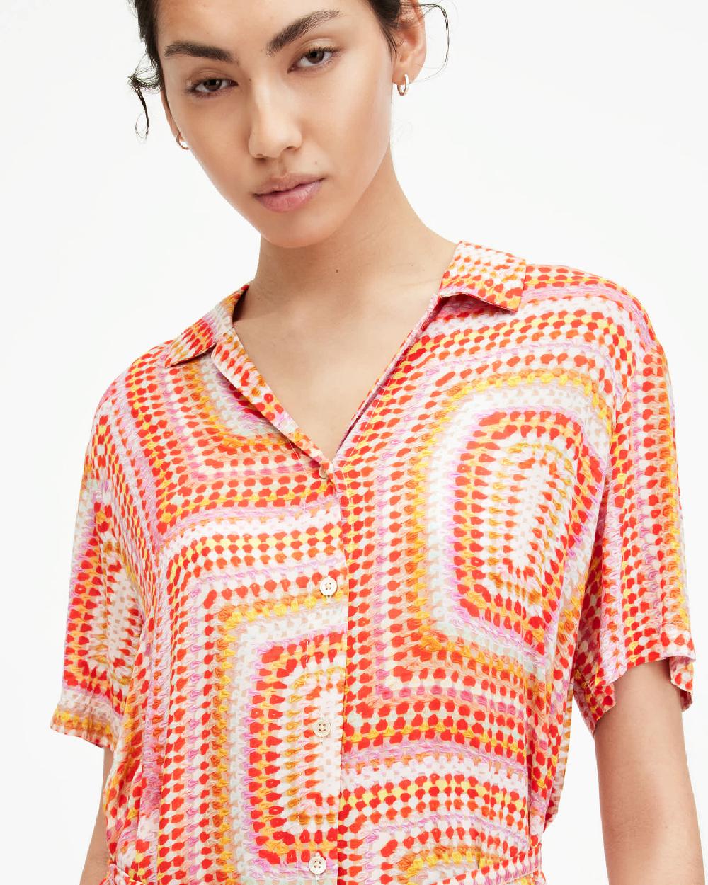 All Saints Athea Luisa Print Mini Shirt Dress Blood Orange