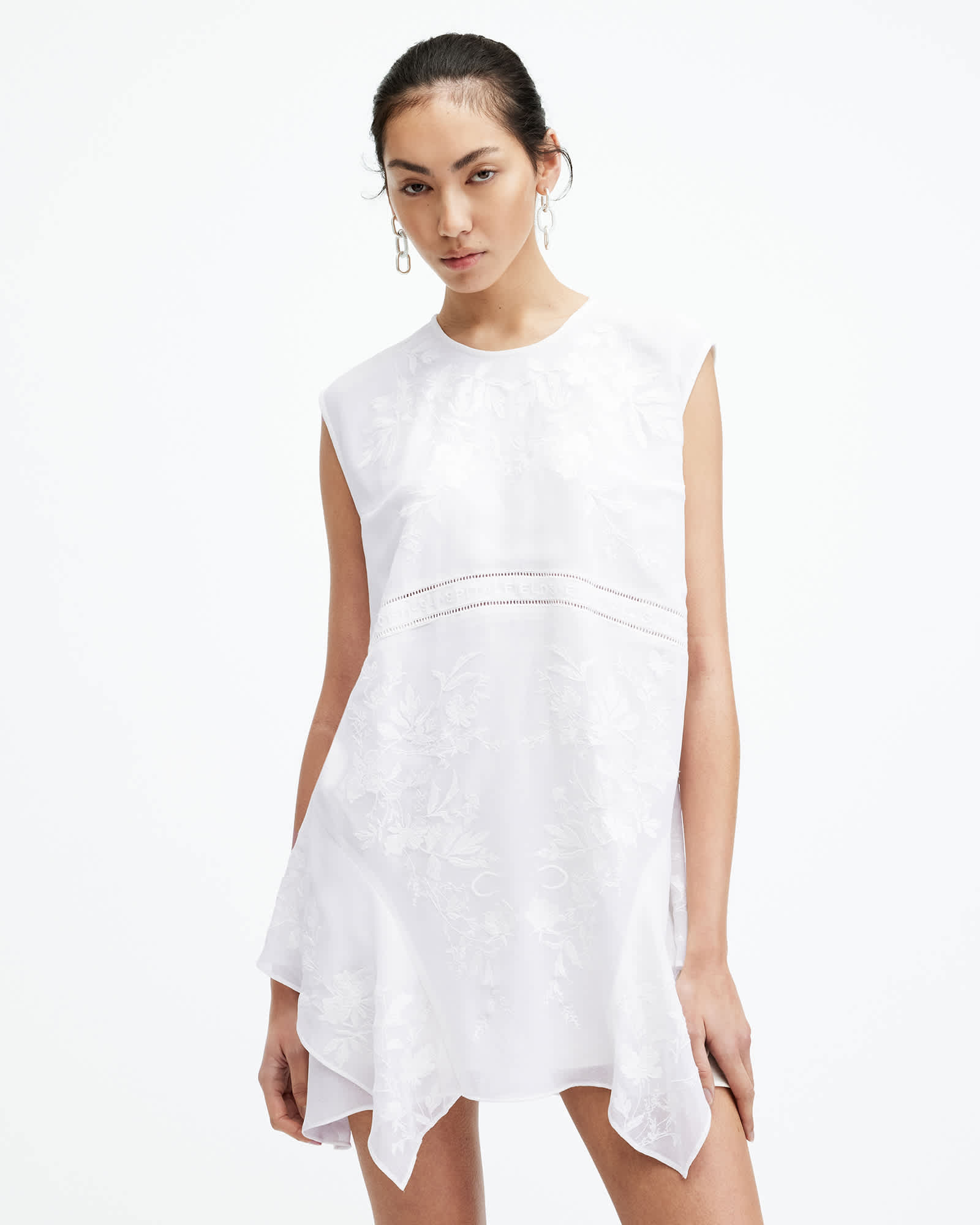 All Saints Audrina Embroidered Asymmetric Mini Dress White