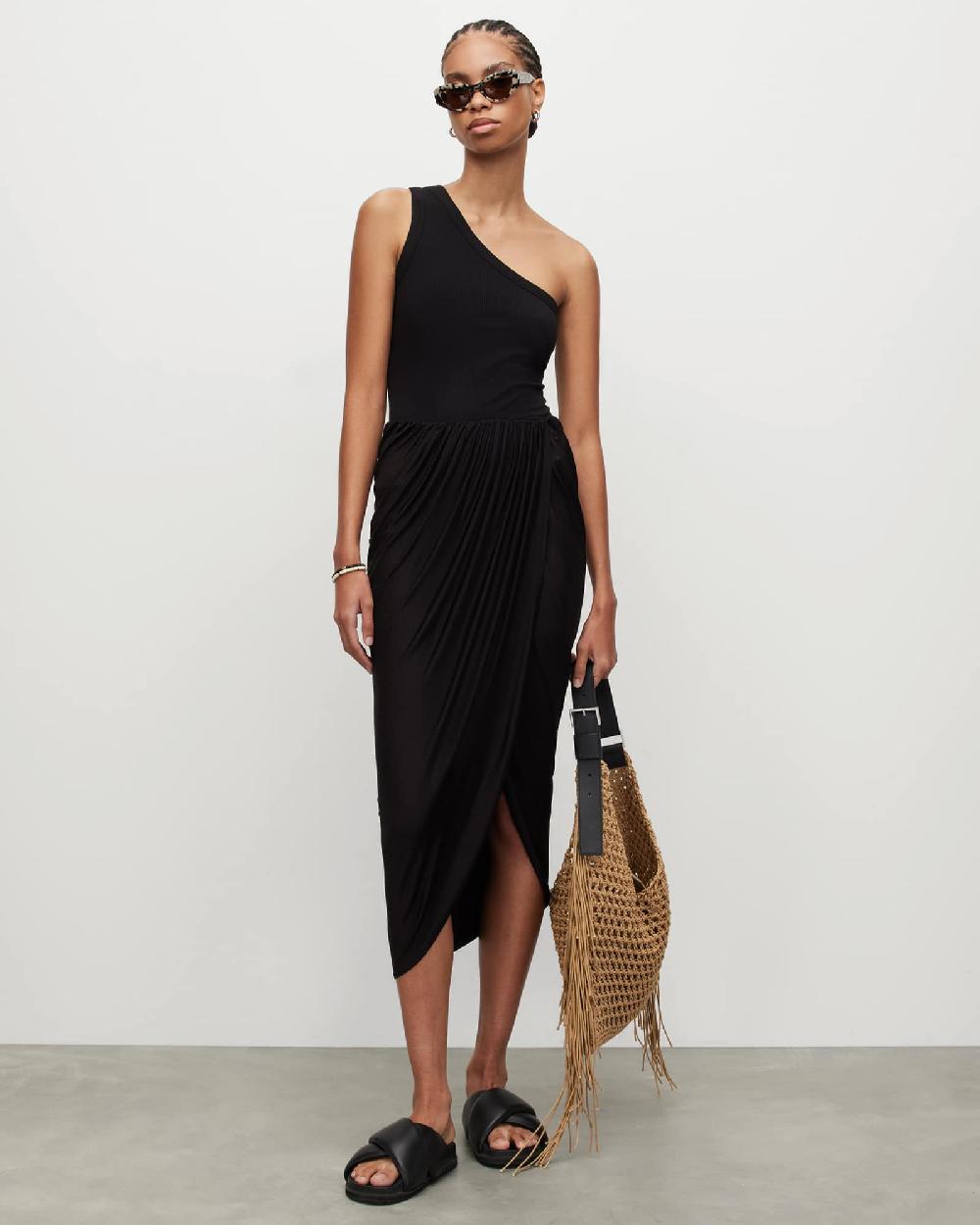 All Saints Aurelia Draped Asymmetric Hem Skirt Black