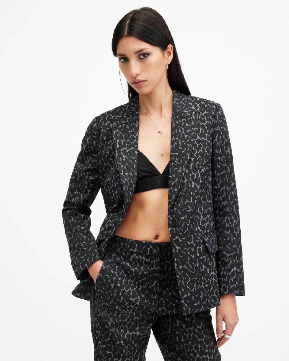 All Saints Aurora Leopard Jacquard Blazer LEPPO GREY/BLACK
