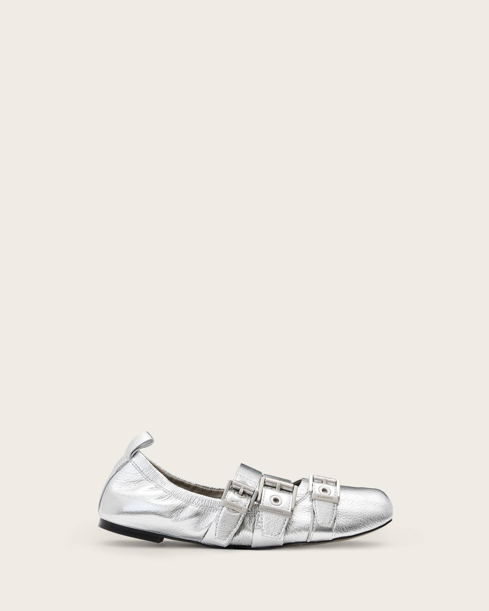 All Saints Aurora Metallic Leather Ballet Shoe Silver