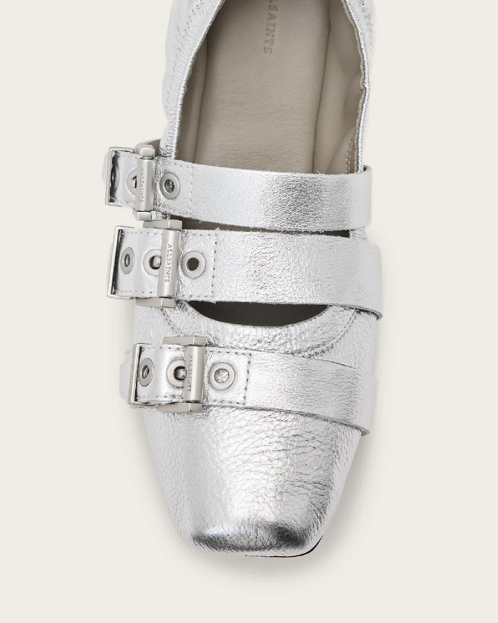 All Saints Aurora Metallic Leather Ballet Shoe Silver