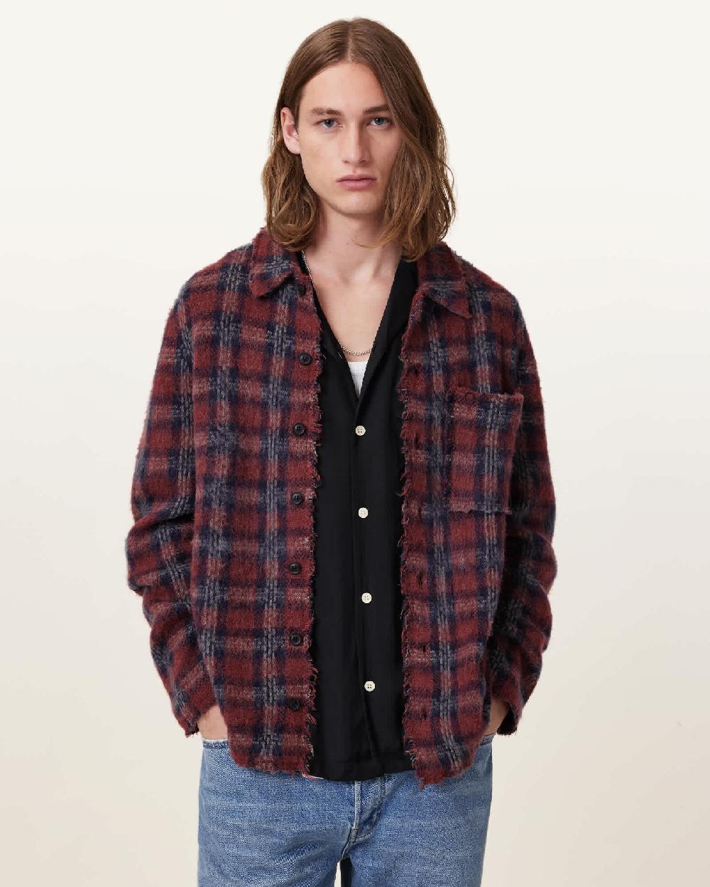 All Saints Austin Checked Brushed Cardigan DARK BRICK RED