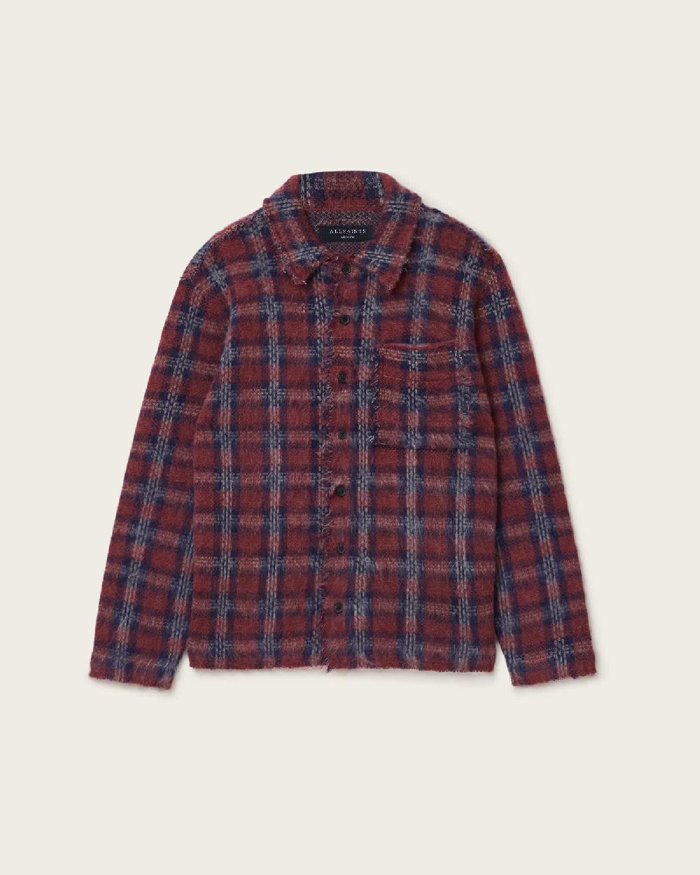 All Saints Austin Checked Brushed Cardigan DARK BRICK RED